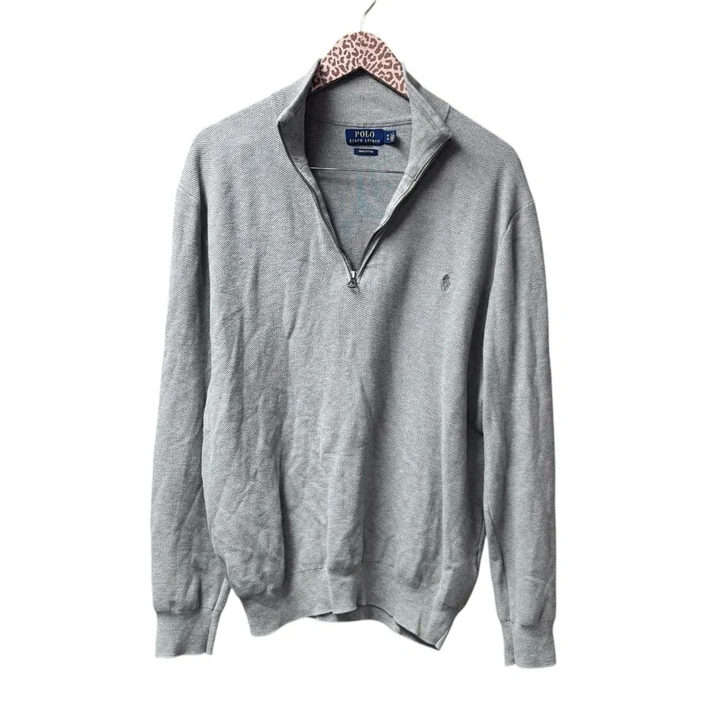 Polo Ralph Lauren Mens Mesh Knit Cotton Quarter 1/4 Zip Sweater Gray Grey XL